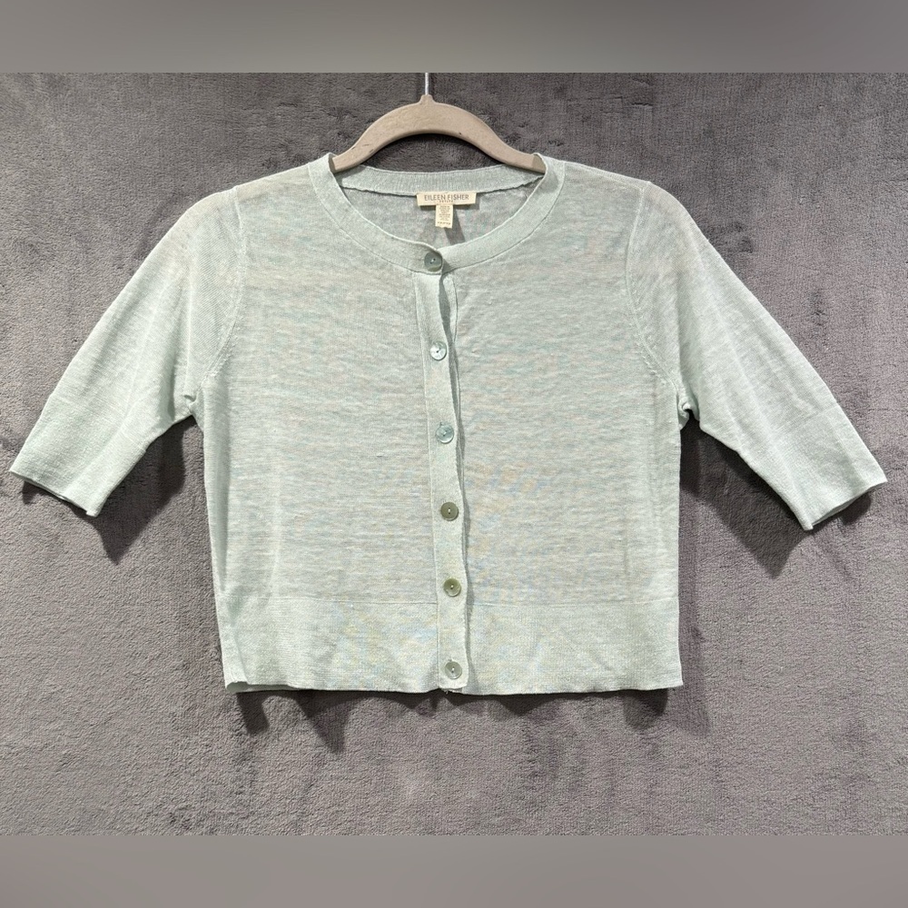 Eileen Fisher Mint Green Sheer Linen Cardigan Sweater Shirt Sleeve Size PP